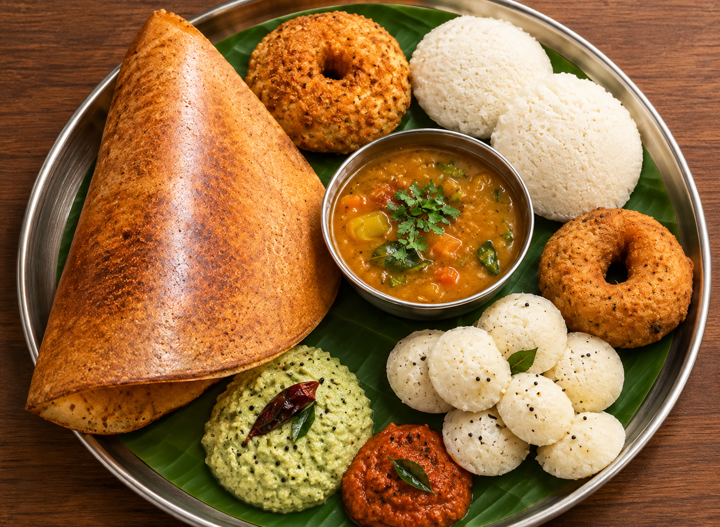Colourful South Indian thali served on a banana leaf